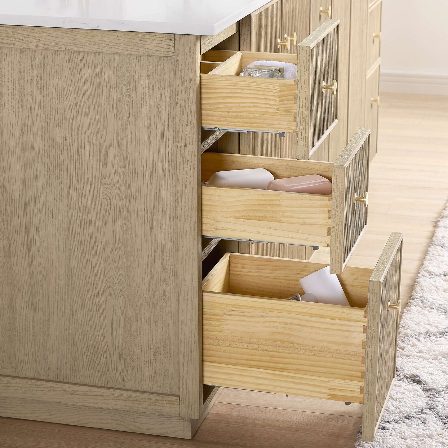 Vinnova Oza 84-inch free-standing double bathroom vanity in aged natural oak with Fish Maw white quartz stone top