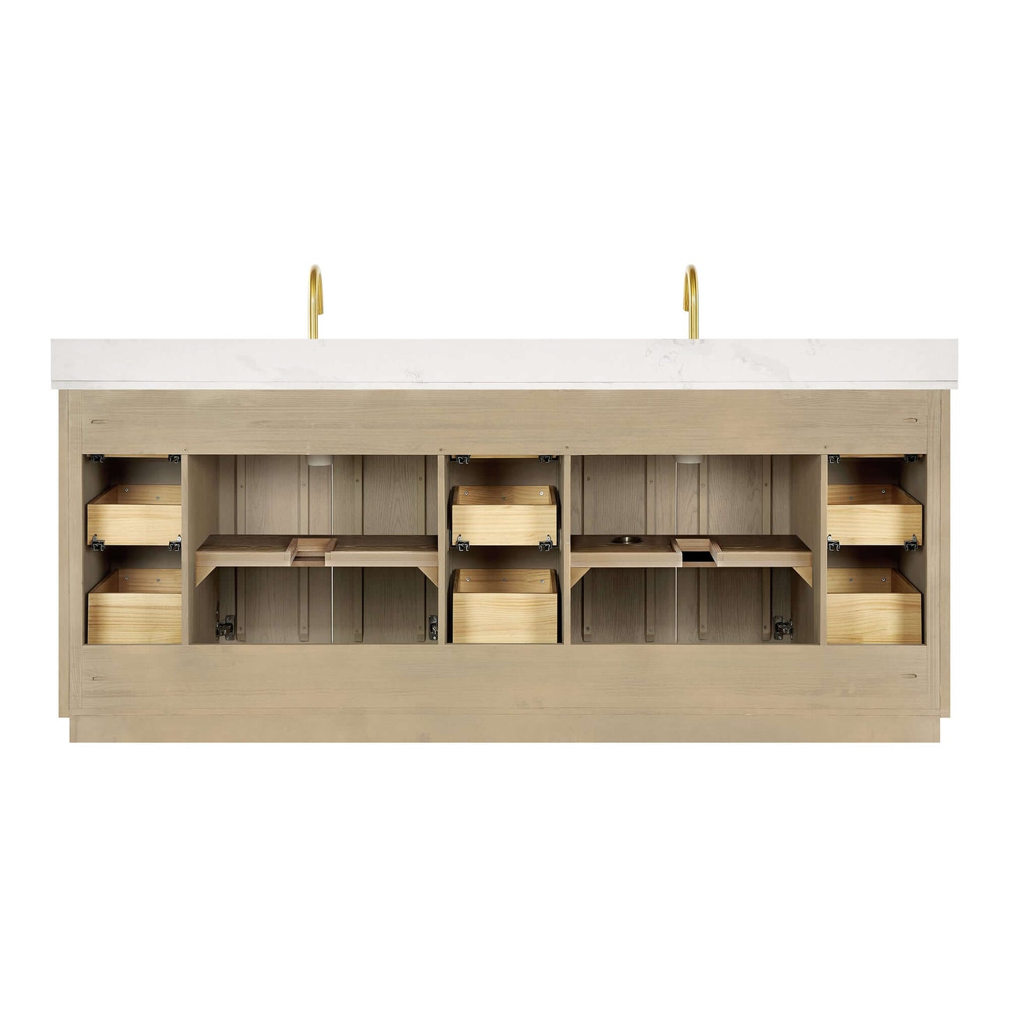 Vinnova Oza 84-inch free-standing double bathroom vanity in aged natural oak with Fish Maw white quartz stone top
