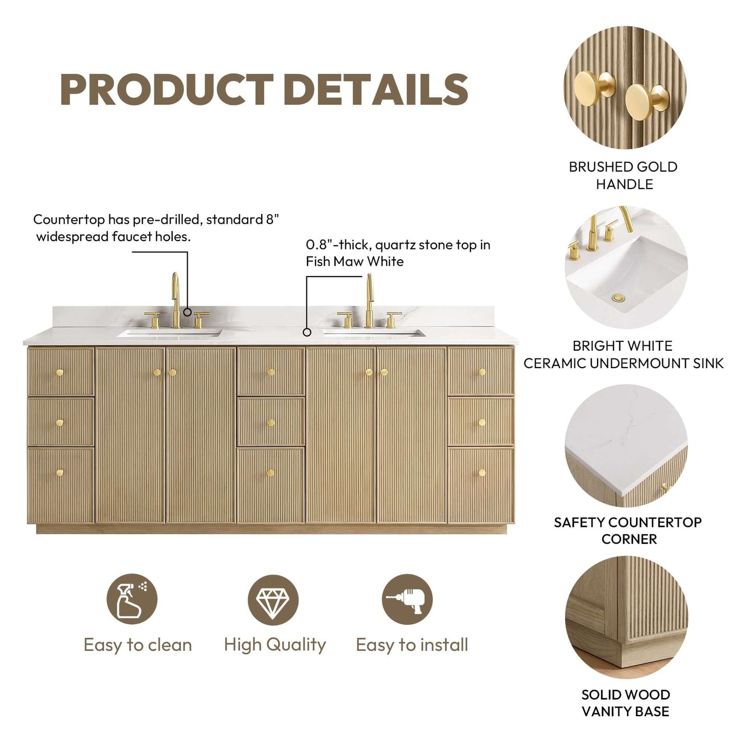 Vinnova Oza 84-inch free-standing double bathroom vanity in aged natural oak with Fish Maw white quartz stone top