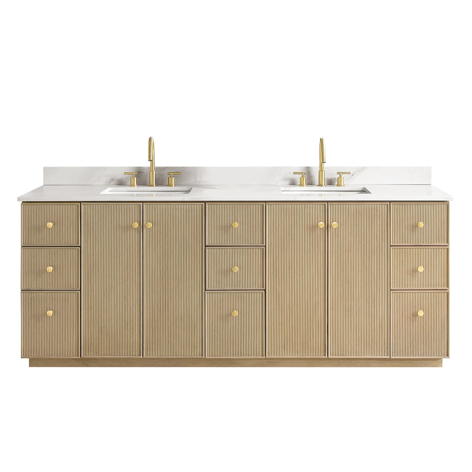 Vinnova Oza 84-inch free-standing double bathroom vanity in aged natural oak with Fish Maw white quartz stone top