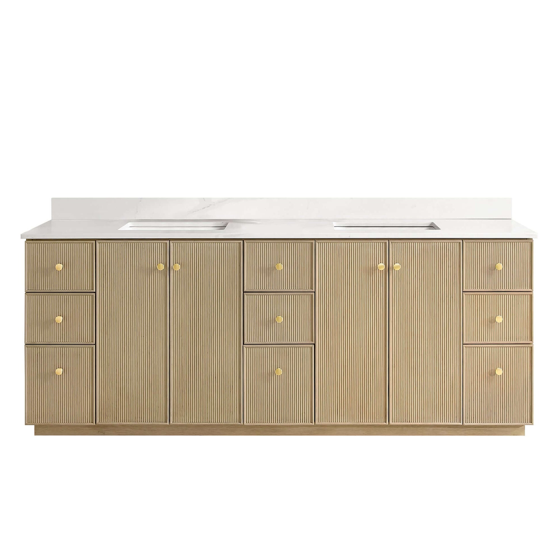 Vinnova Oza 84-inch free-standing double bathroom vanity in aged natural oak with Fish Maw white quartz stone top