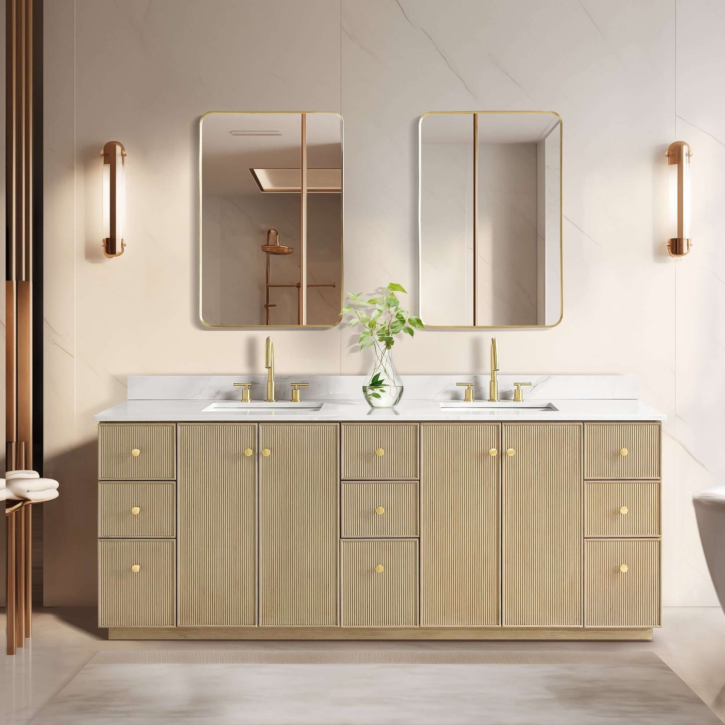 Vinnova Oza 84-inch free-standing double bathroom vanity in aged natural oak with Fish Maw white quartz stone top