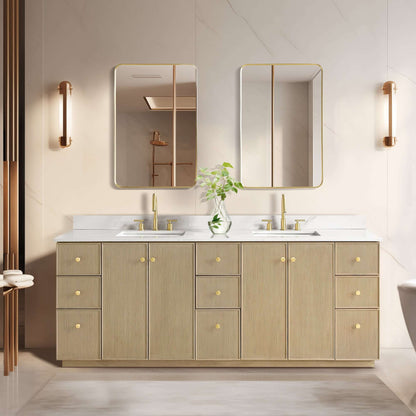 Vinnova Oza 84-inch free-standing double bathroom vanity in aged natural oak with Fish Maw white quartz stone top