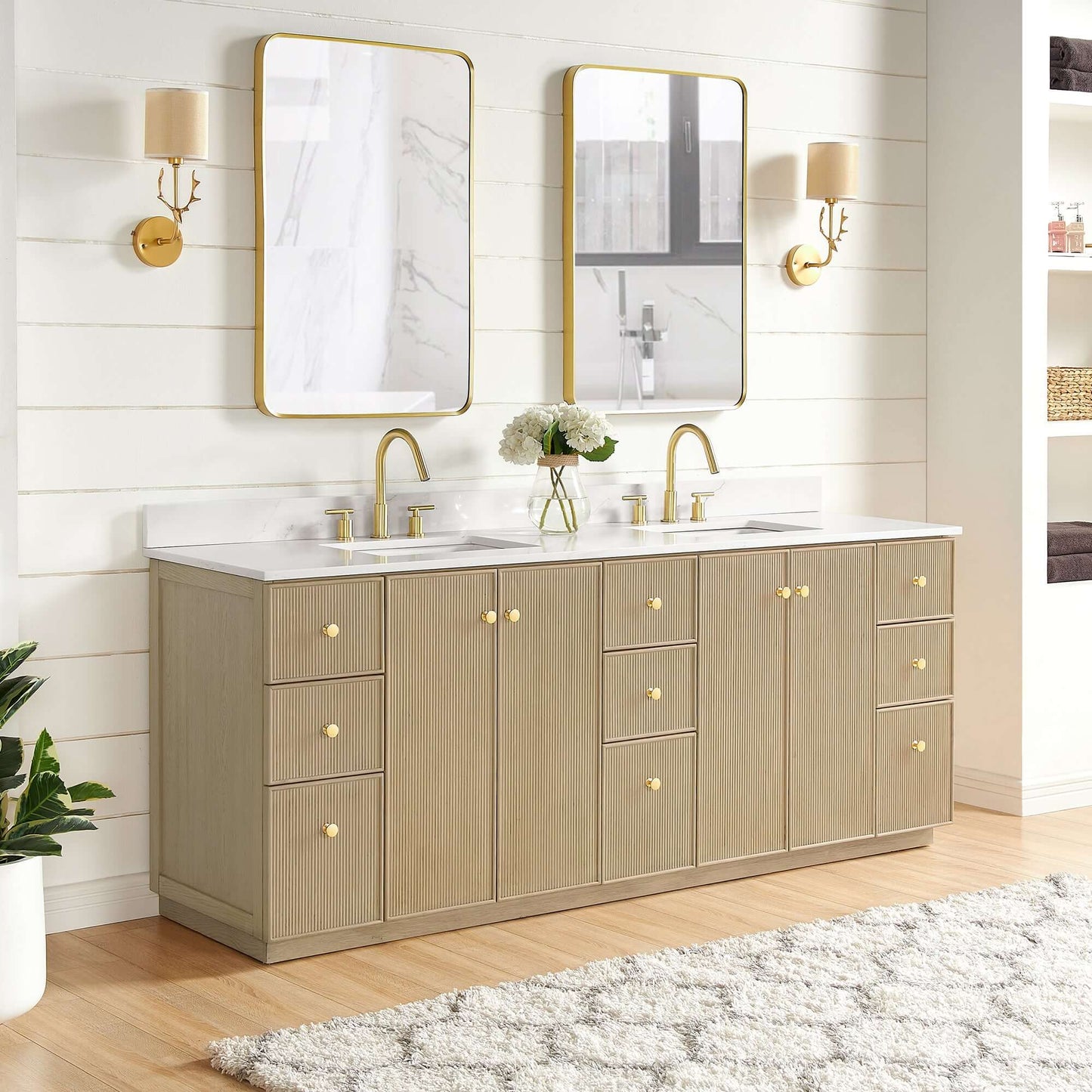 Vinnova Oza 84-inch free-standing double bathroom vanity in aged natural oak with Fish Maw white quartz stone top