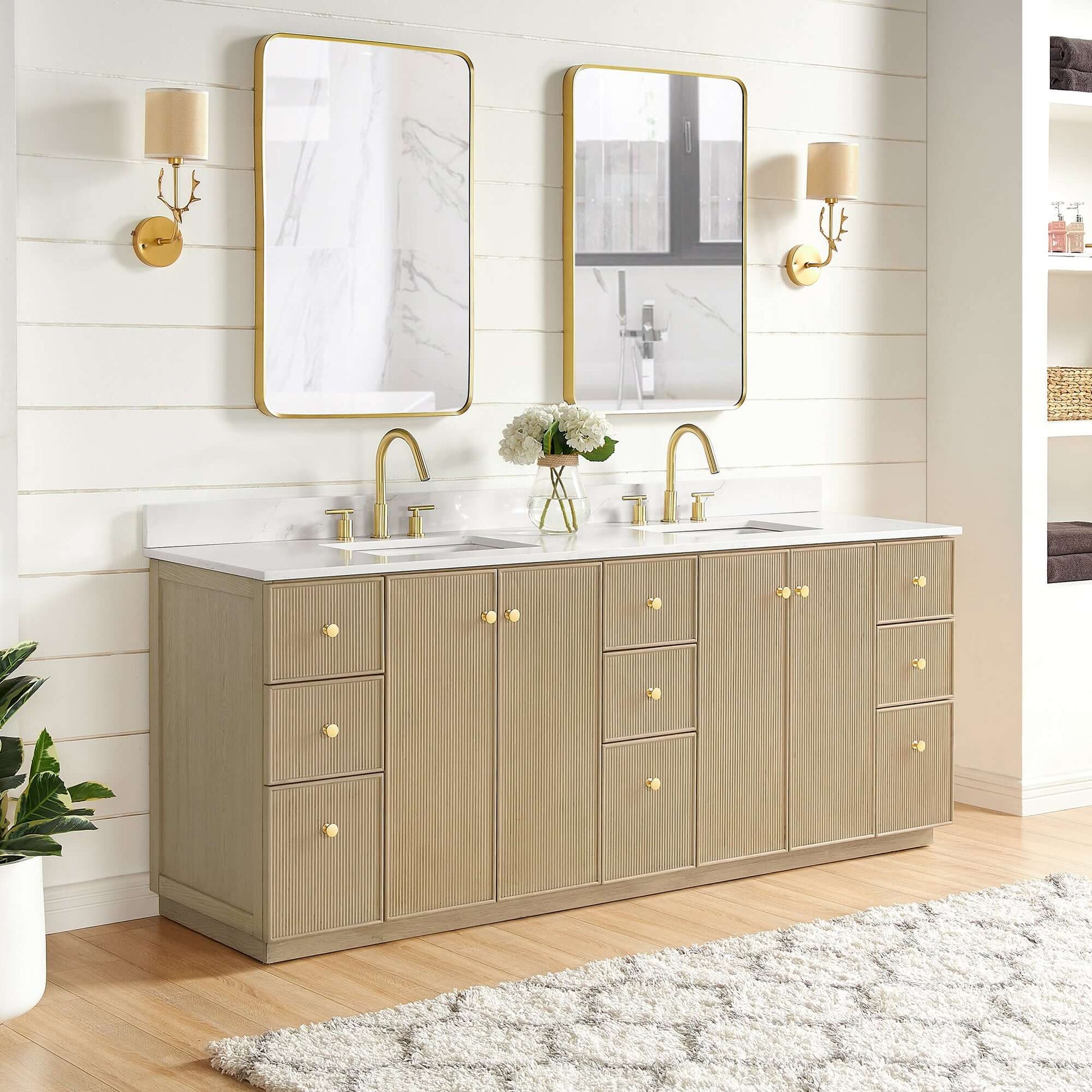 Vinnova Oza 84-inch free-standing double bathroom vanity in aged natural oak with Fish Maw white quartz stone top
