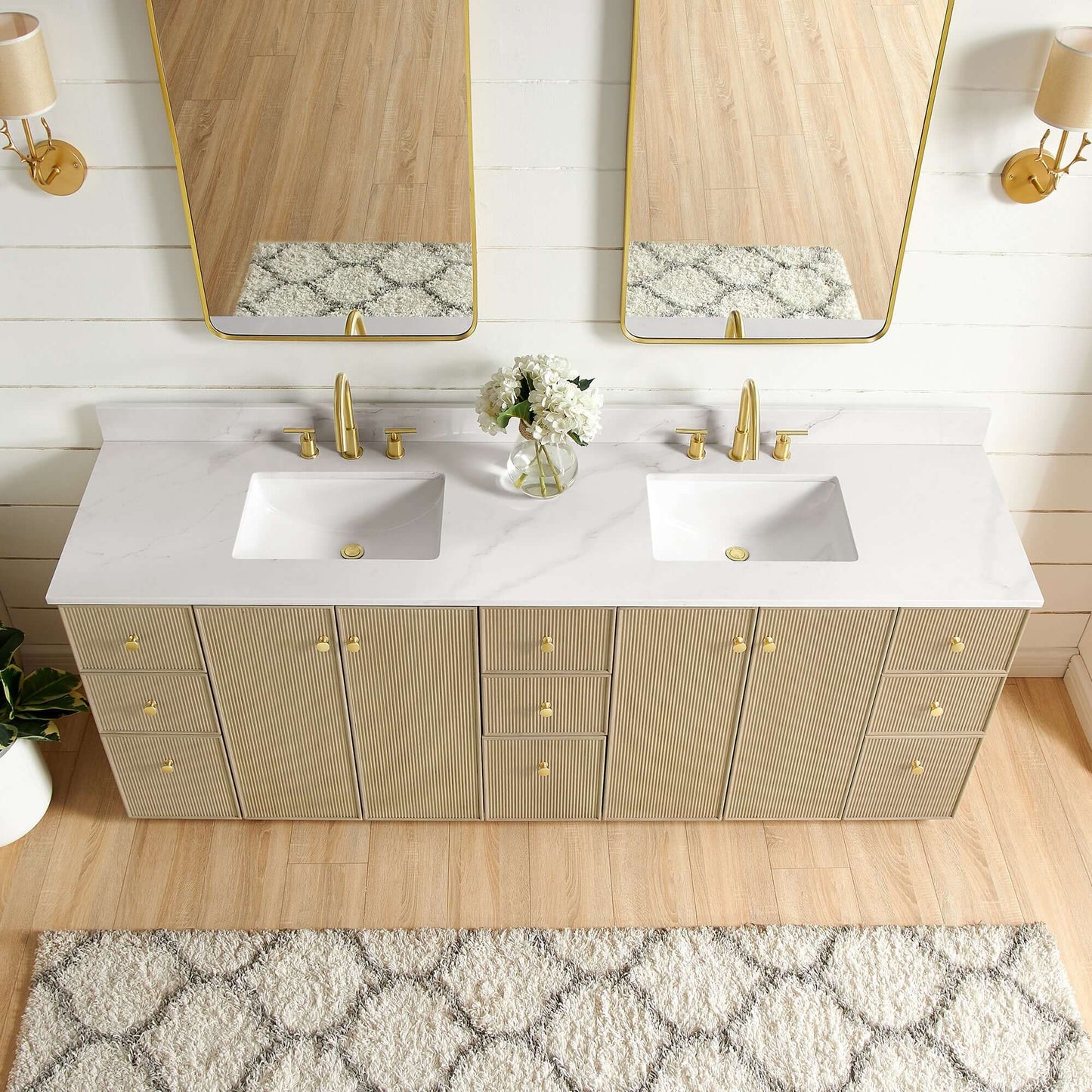 Vinnova Oza 84-inch free-standing double bathroom vanity in aged natural oak with Fish Maw white quartz stone top