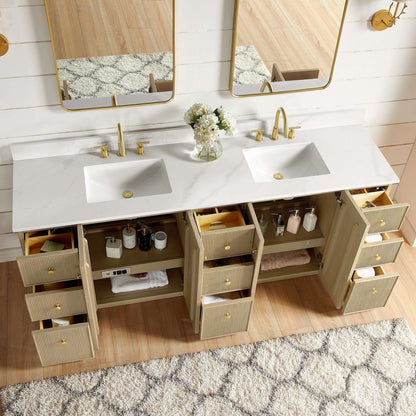 Vinnova Oza 84-inch free-standing double bathroom vanity in aged natural oak with Fish Maw white quartz stone top