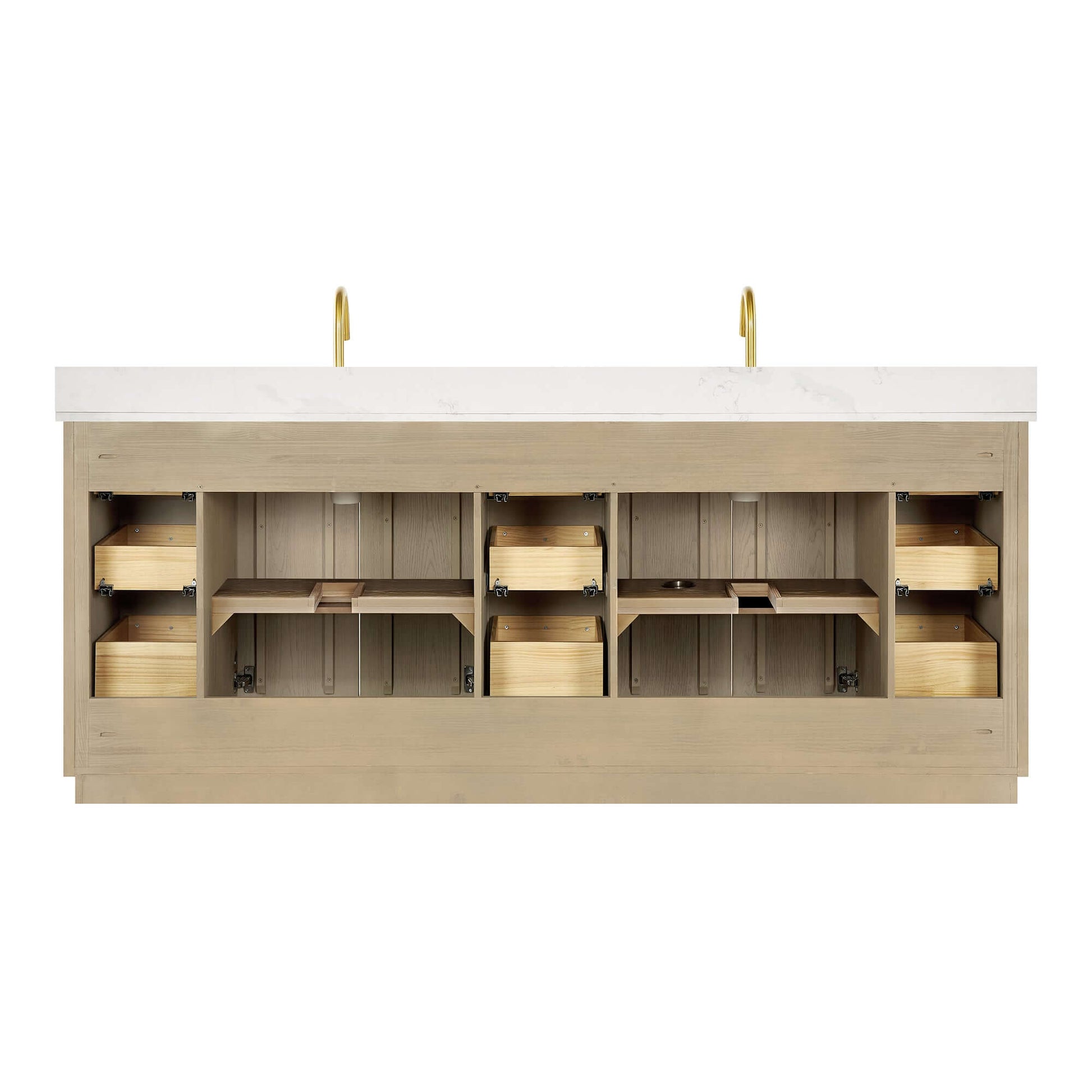 Vinnova Oza 84-inch free-standing double bathroom vanity in aged natural oak with Fish Maw white quartz stone top and mirror