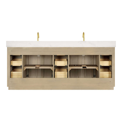 Vinnova Oza 84-inch free-standing double bathroom vanity in aged natural oak with Fish Maw white quartz stone top and mirror