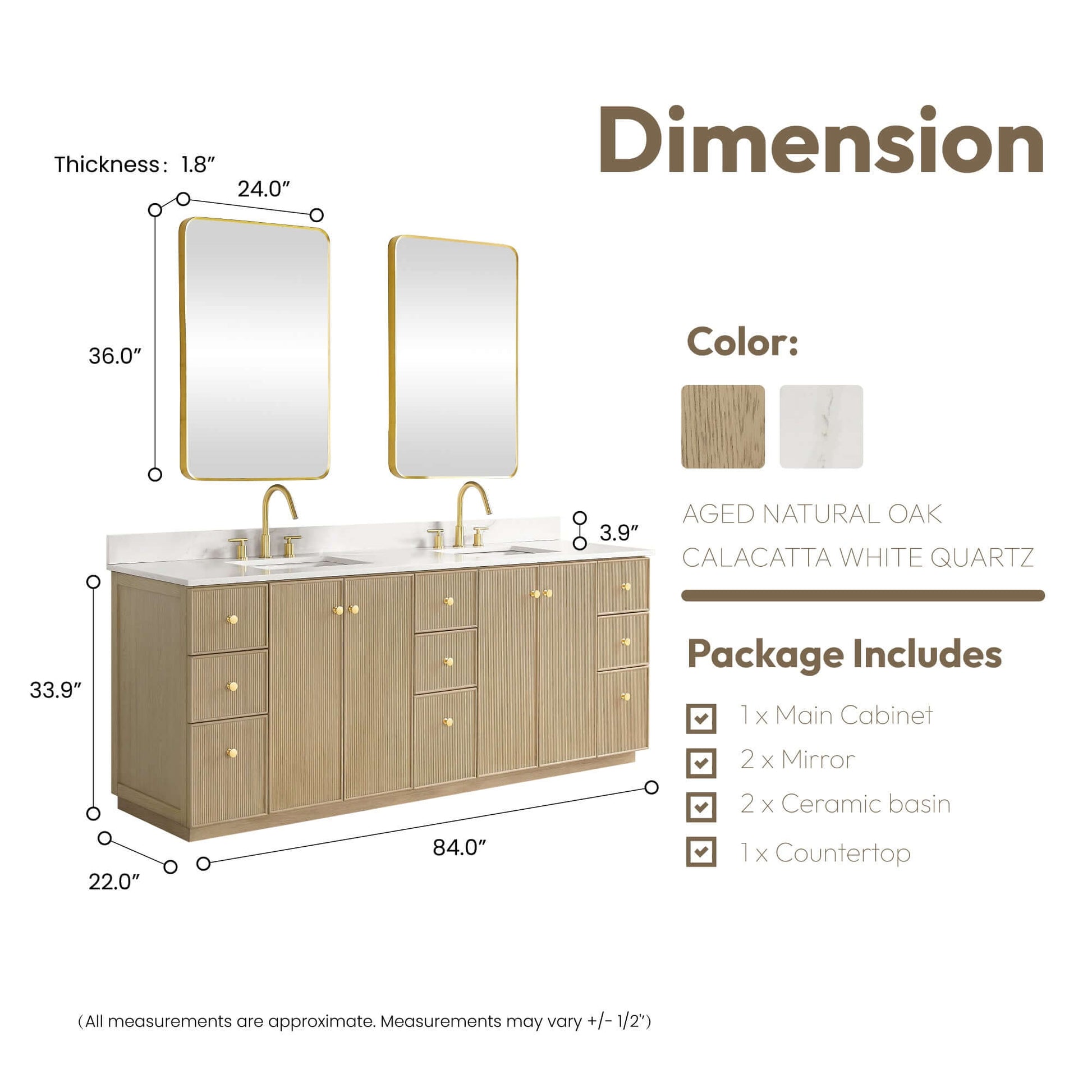 Vinnova Oza 84-inch free-standing double bathroom vanity in aged natural oak with Fish Maw white quartz stone top and mirror