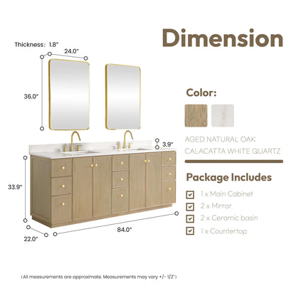 Vinnova Oza 84-inch free-standing double bathroom vanity in aged natural oak with Fish Maw white quartz stone top and mirror
