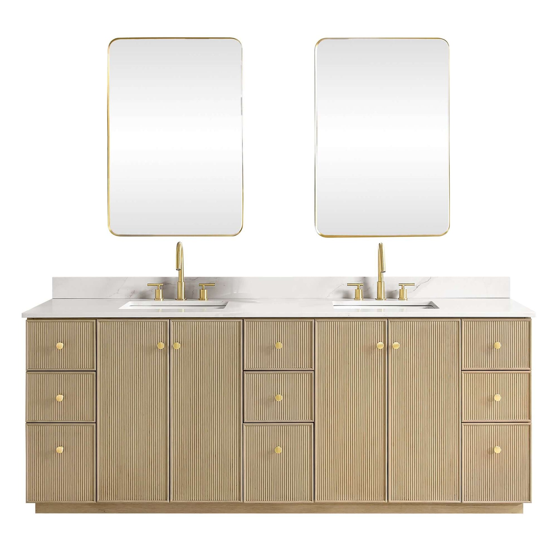 Vinnova Oza 84-inch free-standing double bathroom vanity in aged natural oak with Fish Maw white quartz stone top and mirror