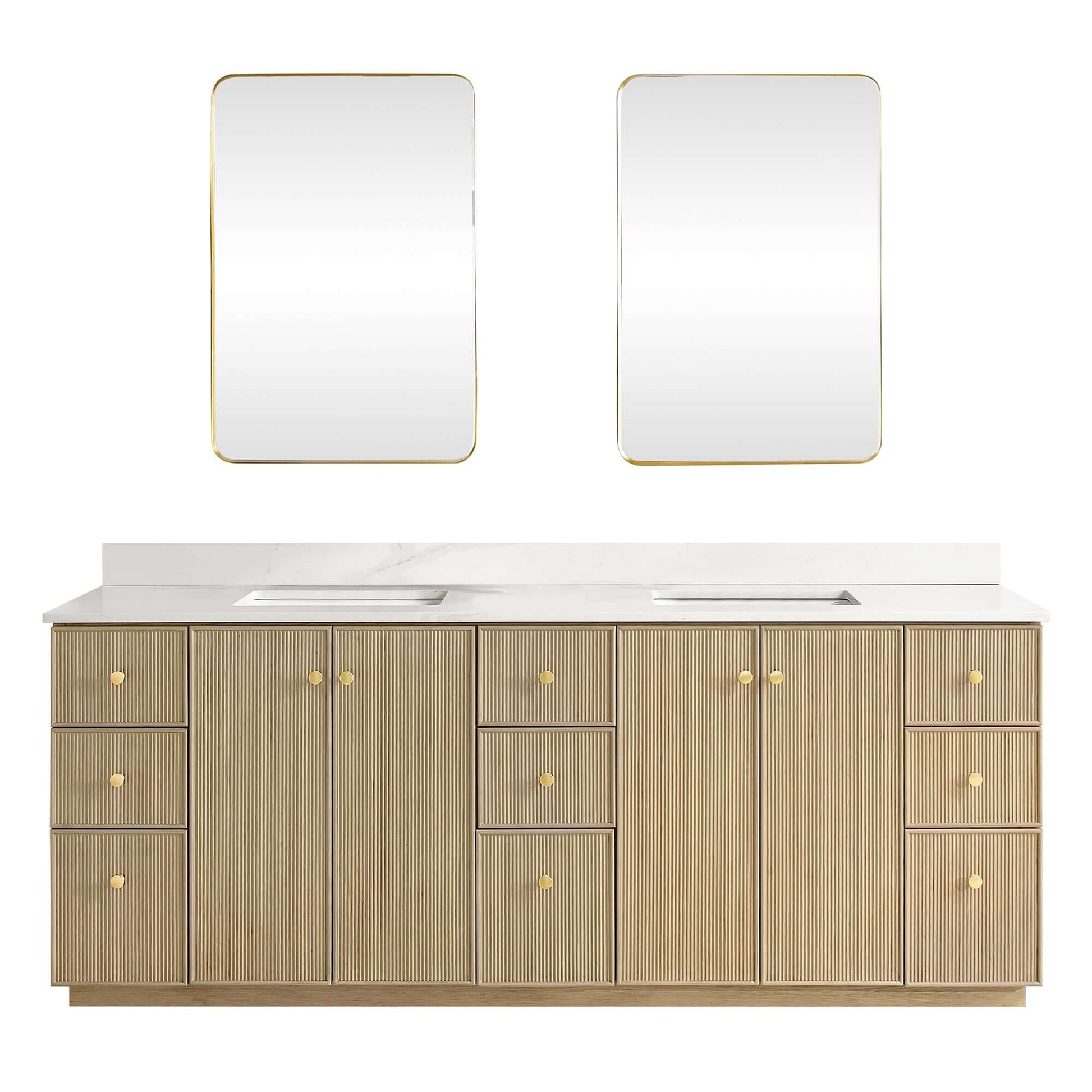 Vinnova Oza 84-inch free-standing double bathroom vanity in aged natural oak with Fish Maw white quartz stone top and mirror