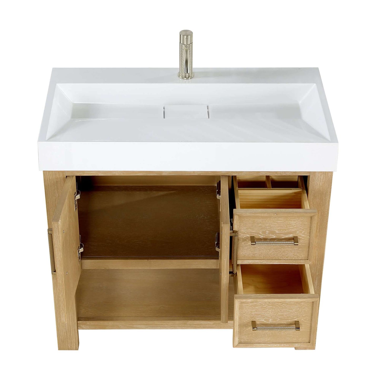 Vinnova Vera 36-inch free-standing single bathroom vanity in washed ash grey with white integrated stone sink top