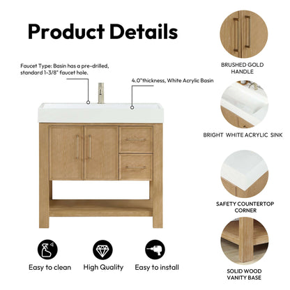 Vinnova Vera 36-inch free-standing single bathroom vanity in washed ash grey with white integrated stone sink top