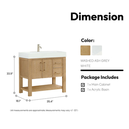 Vinnova Vera 36-inch free-standing single bathroom vanity in washed ash grey with white integrated stone sink top
