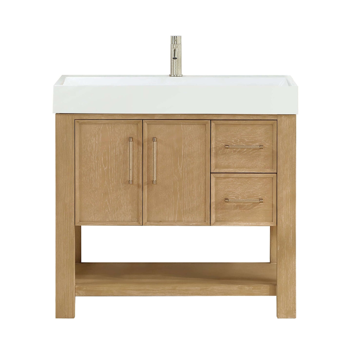 Vinnova Vera 36-inch free-standing single bathroom vanity in washed ash grey with white integrated stone sink top