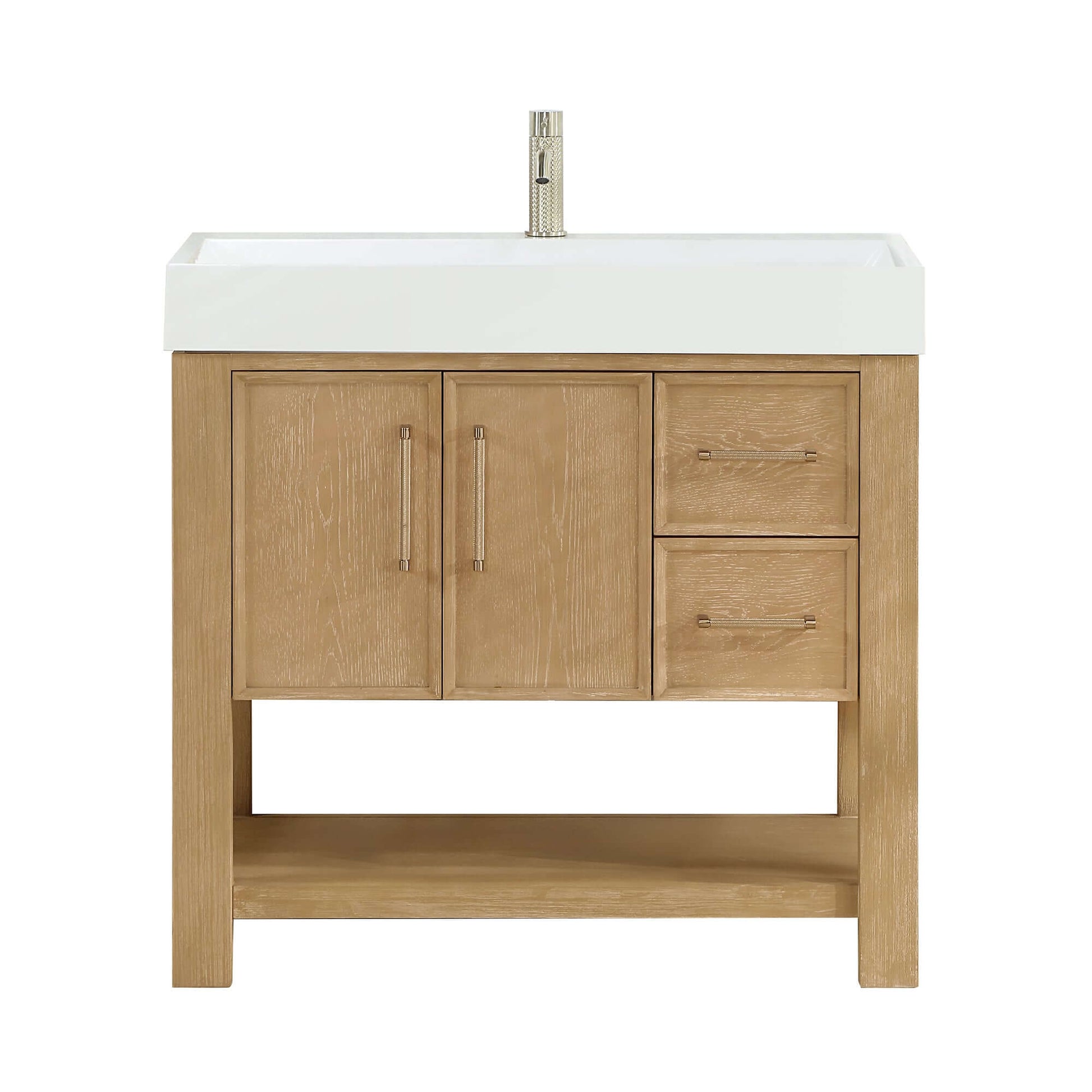 Vinnova Vera 36-inch free-standing single bathroom vanity in washed ash grey with white integrated stone sink top