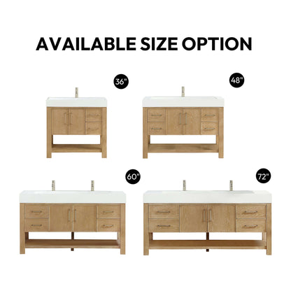 Vinnova Vera 36-inch free-standing single bathroom vanity in washed ash grey with white integrated stone sink top