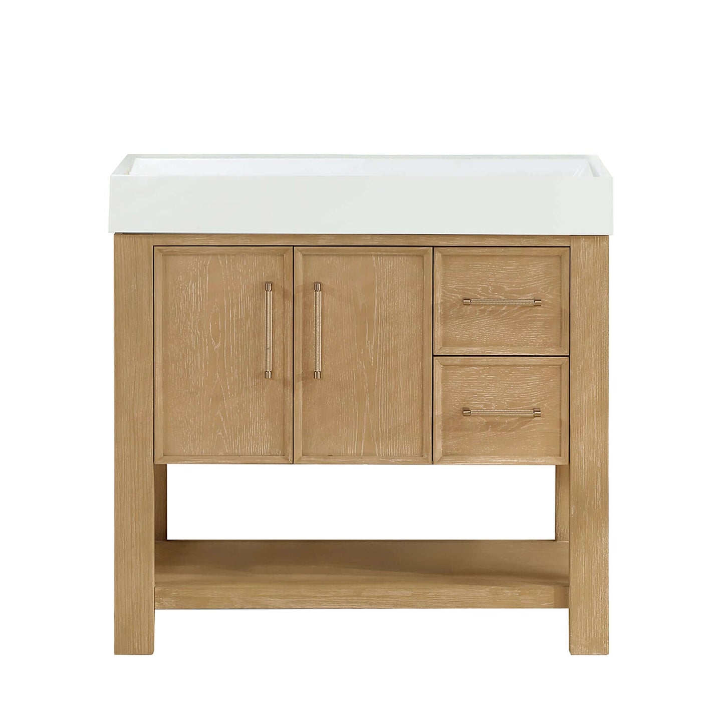 Vinnova Vera 36-inch free-standing single bathroom vanity in washed ash grey with white integrated stone sink top
