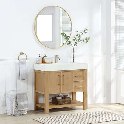 Vinnova Vera 36-inch free-standing single bathroom vanity in washed ash grey with white integrated stone sink top