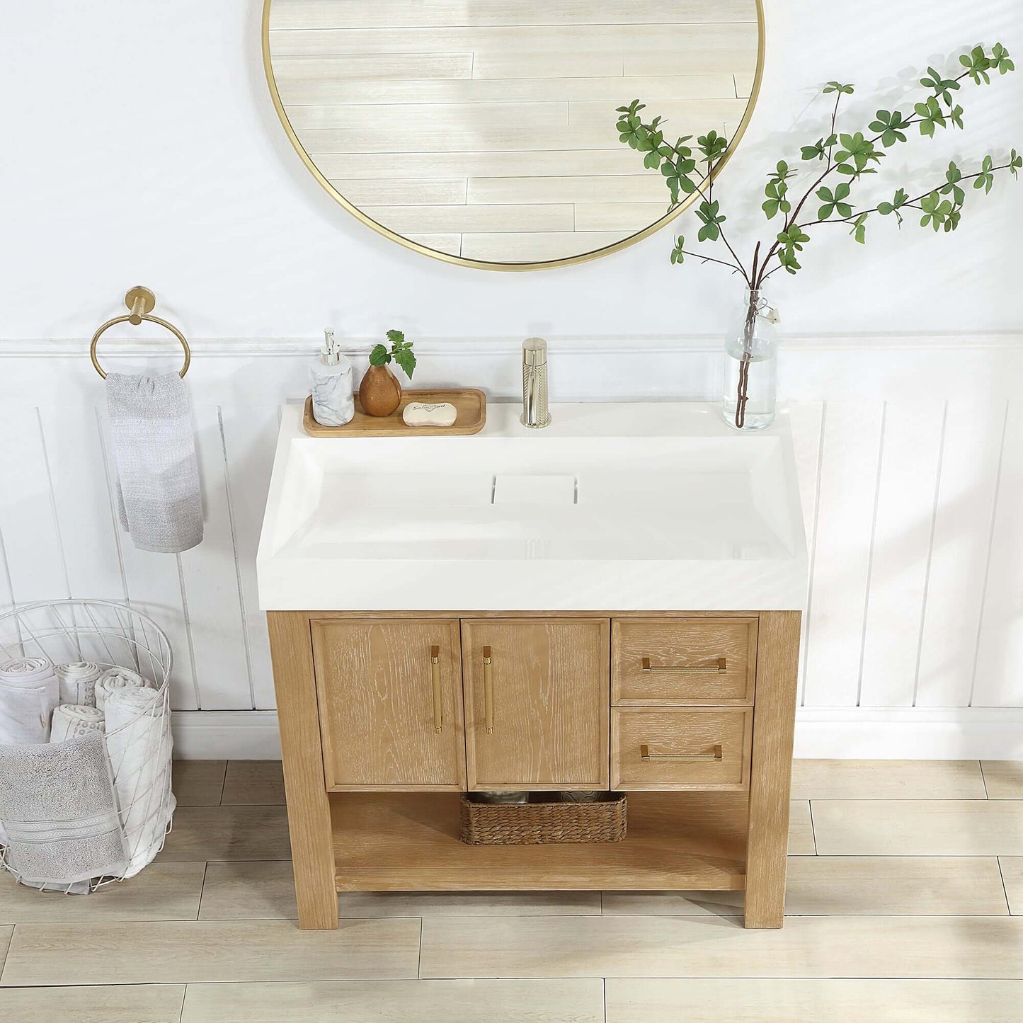 Vinnova Vera 36-inch free-standing single bathroom vanity in washed ash grey with white integrated stone sink top