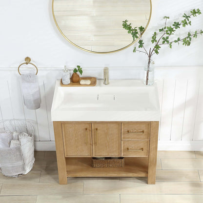 Vinnova Vera 36-inch free-standing single bathroom vanity in washed ash grey with white integrated stone sink top