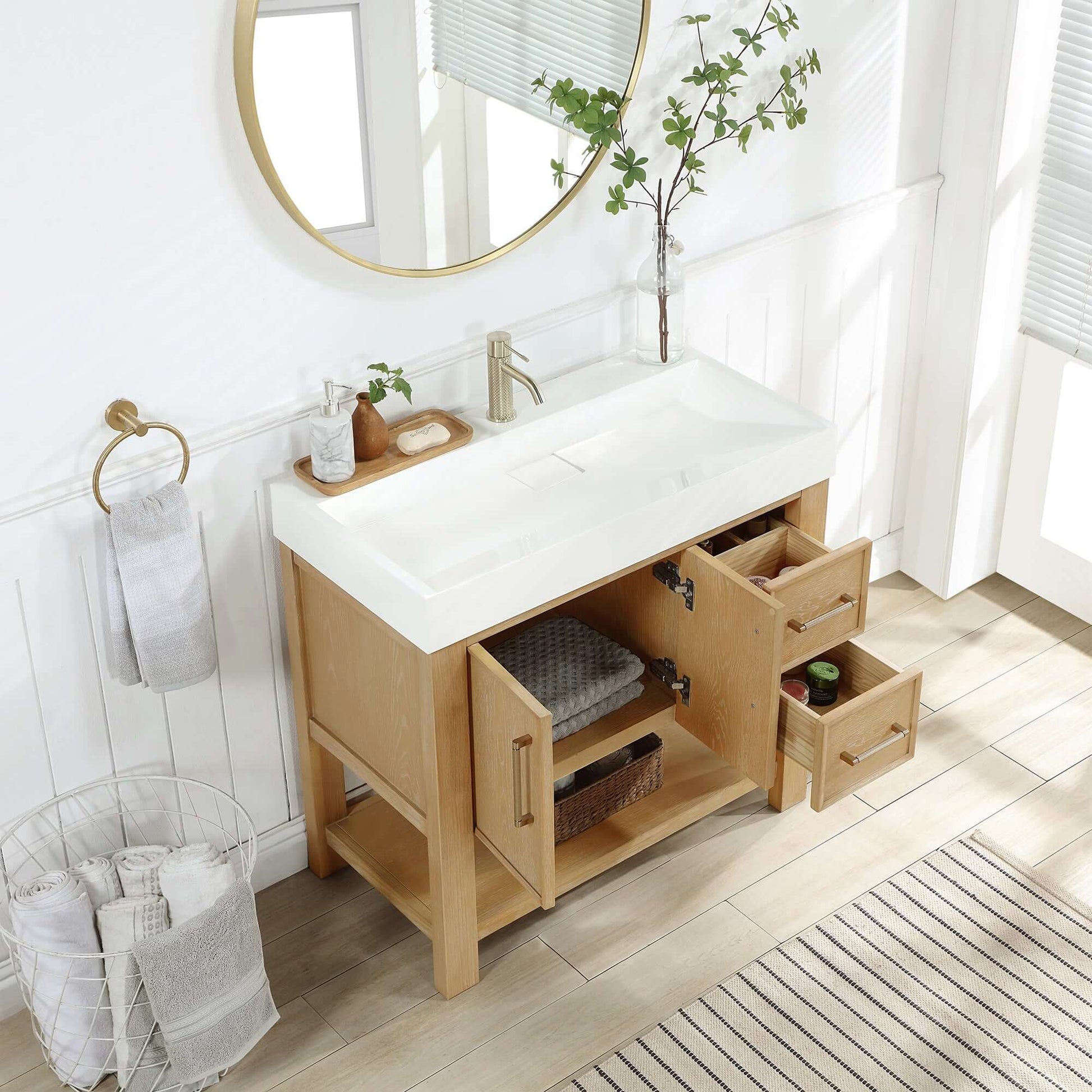 Vinnova Vera 36-inch free-standing single bathroom vanity in washed ash grey with white integrated stone sink top