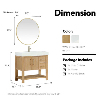 Vinnova Vera 36-inch free-standing single bathroom vanity in washed ash grey with white integrated stone sink top and mirror