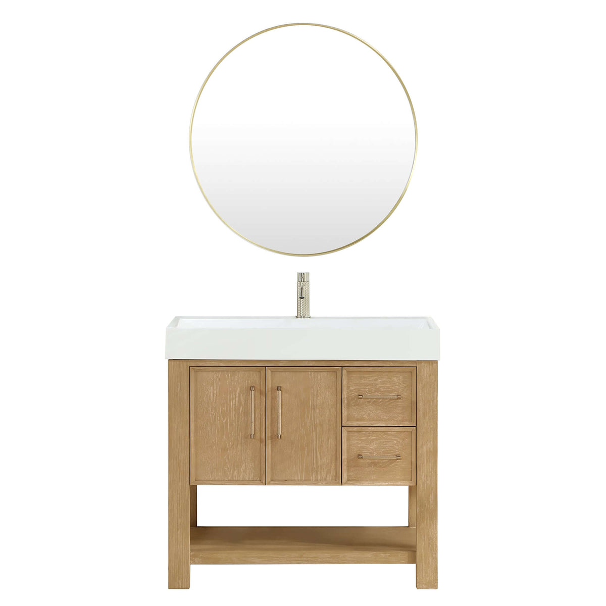 Vinnova Vera 36-inch free-standing single bathroom vanity in washed ash grey with white integrated stone sink top and mirror