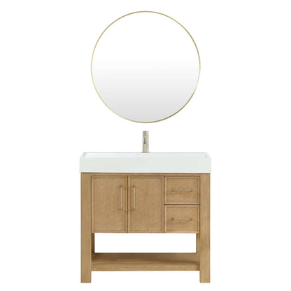 Vinnova Vera 36-inch free-standing single bathroom vanity in washed ash grey with white integrated stone sink top and mirror