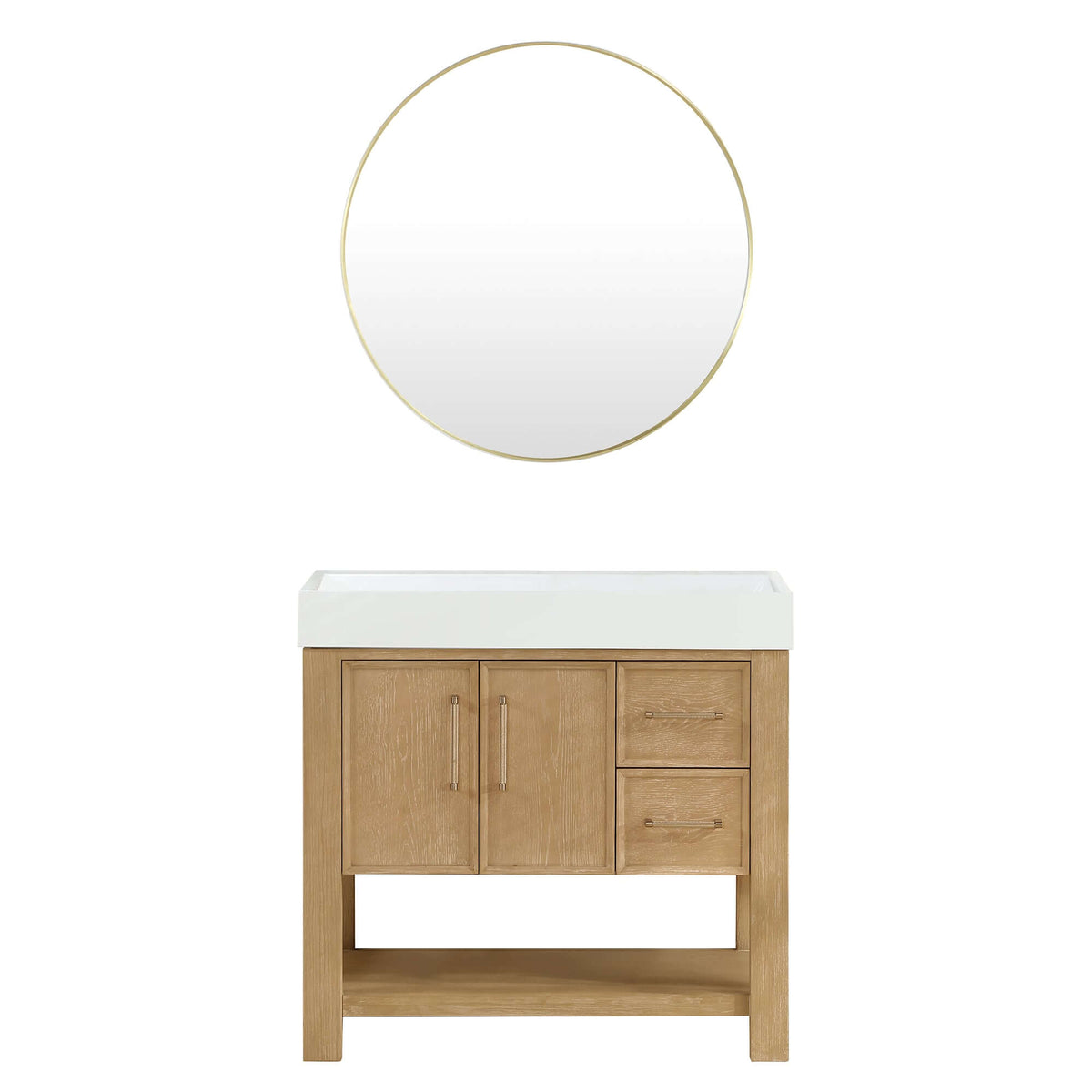 Vinnova Vera 36-inch free-standing single bathroom vanity in washed ash grey with white integrated stone sink top and mirror