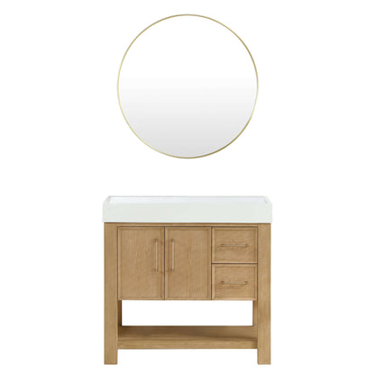 Vinnova Vera 36-inch free-standing single bathroom vanity in washed ash grey with white integrated stone sink top and mirror