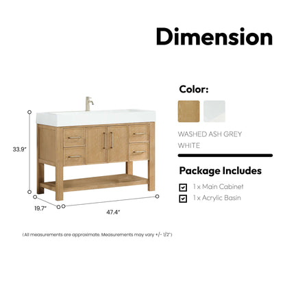Vinnova Vera 48-inch free-standing single bathroom vanity in washed ash grey with white integrated stone sink top