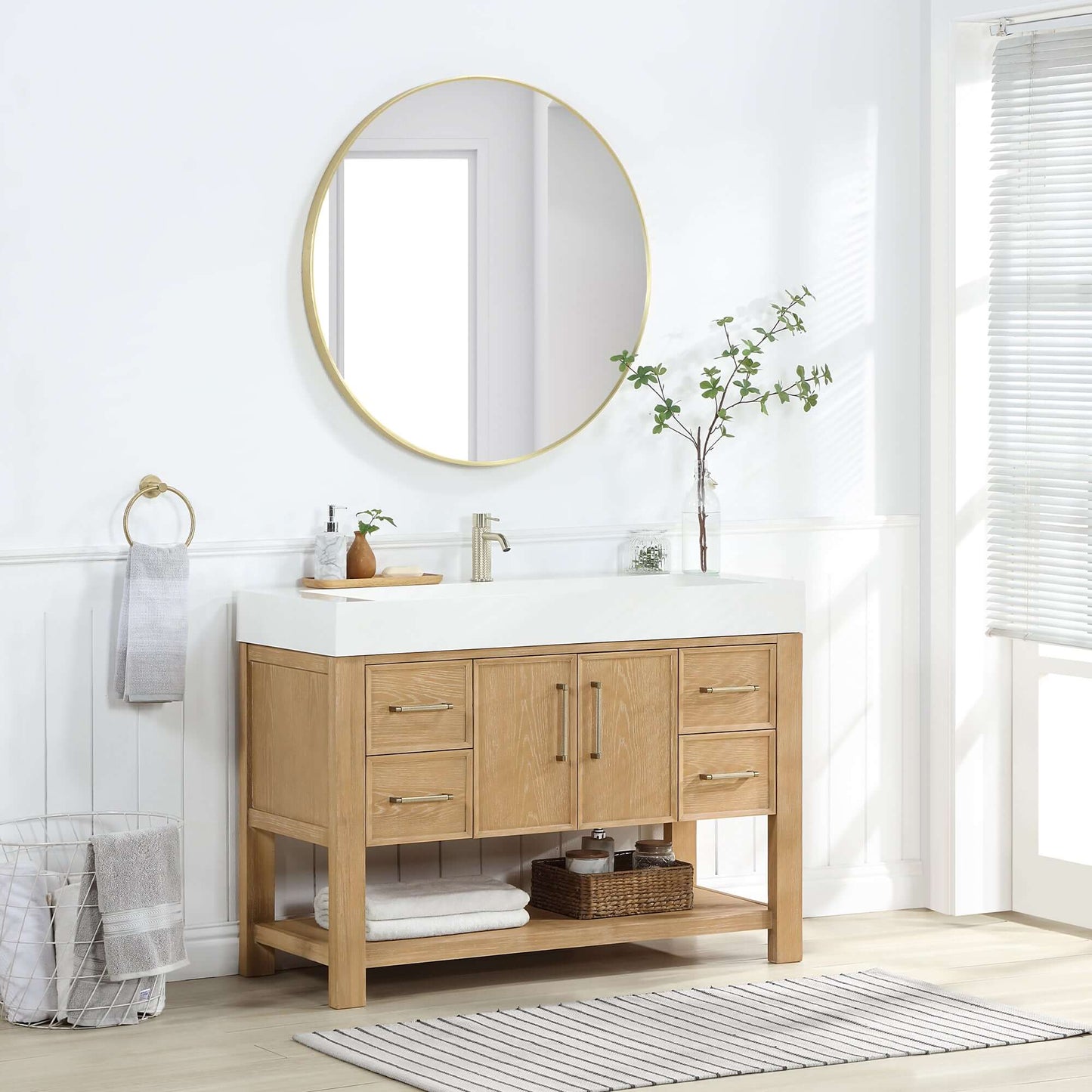 Vinnova Vera 48-inch free-standing single bathroom vanity in washed ash grey with white integrated stone sink top