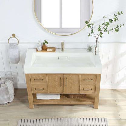 Vinnova Vera 48-inch free-standing single bathroom vanity in washed ash grey with white integrated stone sink top