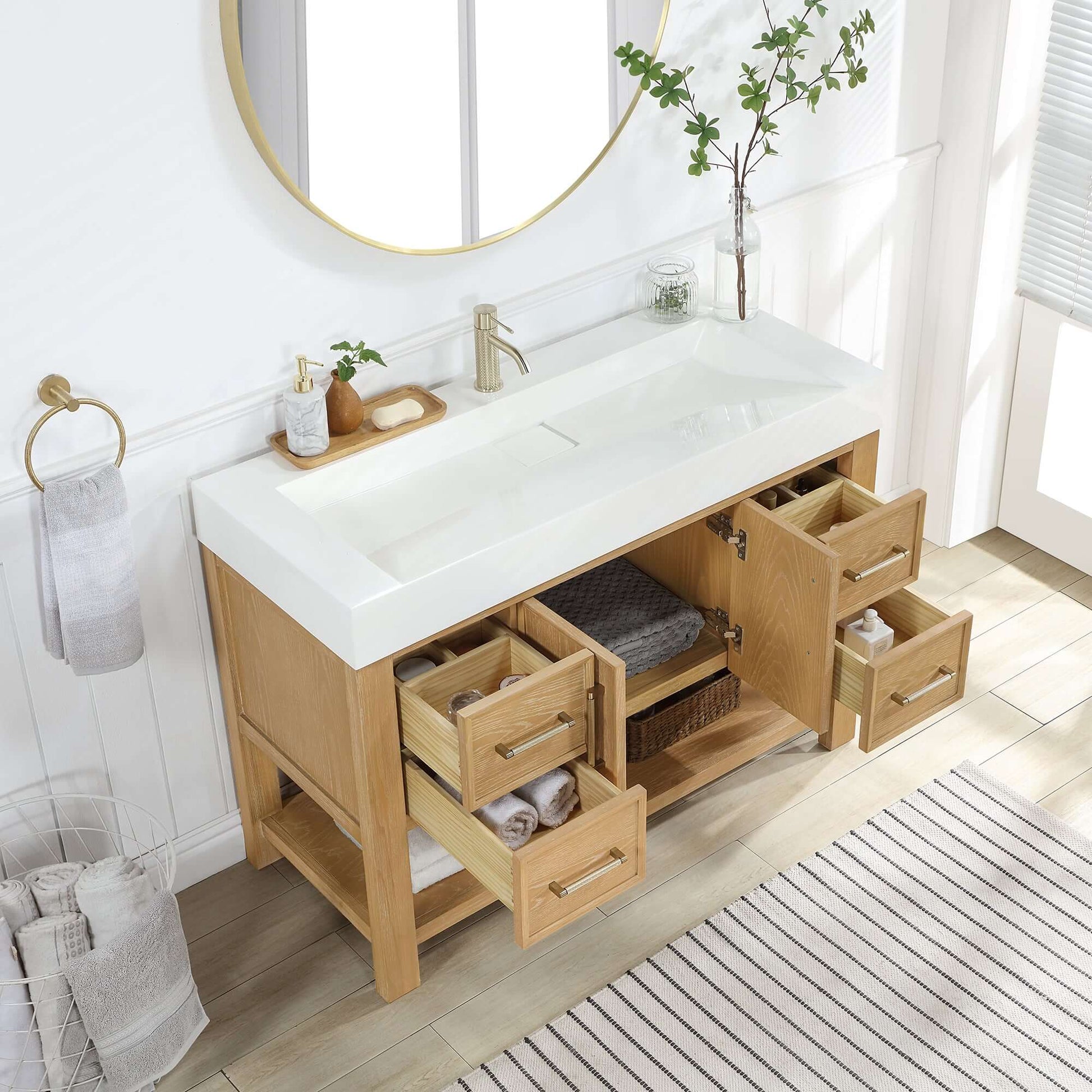 Vinnova Vera 48-inch free-standing single bathroom vanity in washed ash grey with white integrated stone sink top
