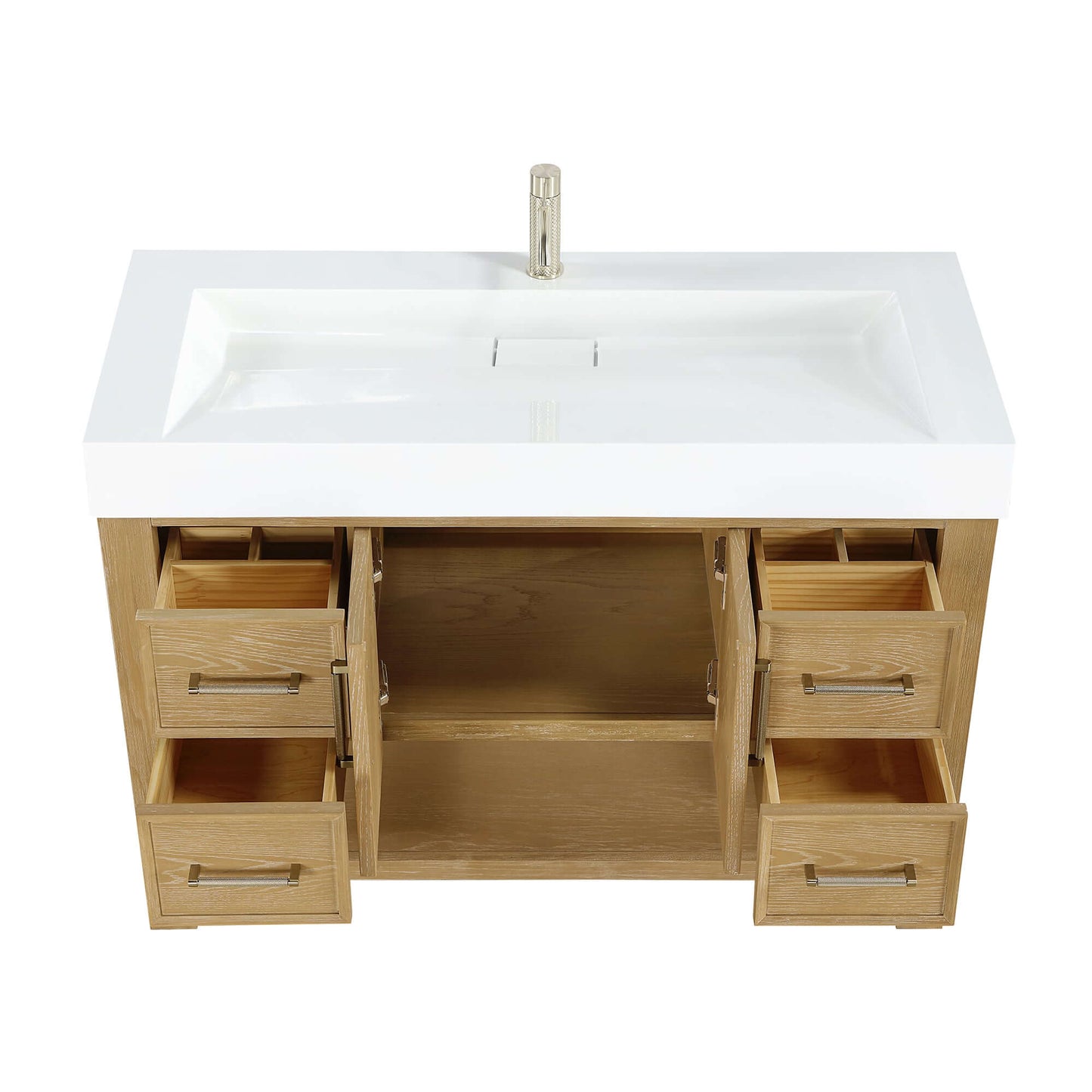 Vinnova Vera 48-inch free-standing single bathroom vanity in washed ash grey with white integrated stone sink top and mirror