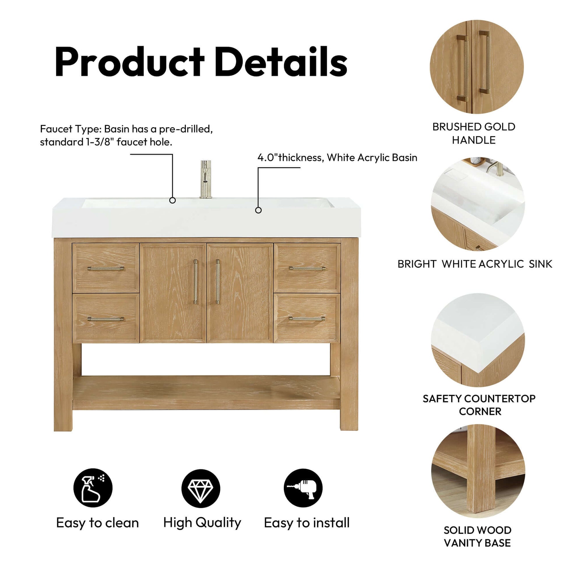 Vinnova Vera 48-inch free-standing single bathroom vanity in washed ash grey with white integrated stone sink top and mirror