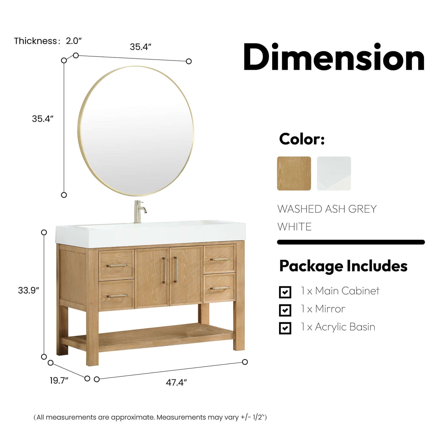 Vinnova Vera 48-inch free-standing single bathroom vanity in washed ash grey with white integrated stone sink top and mirror