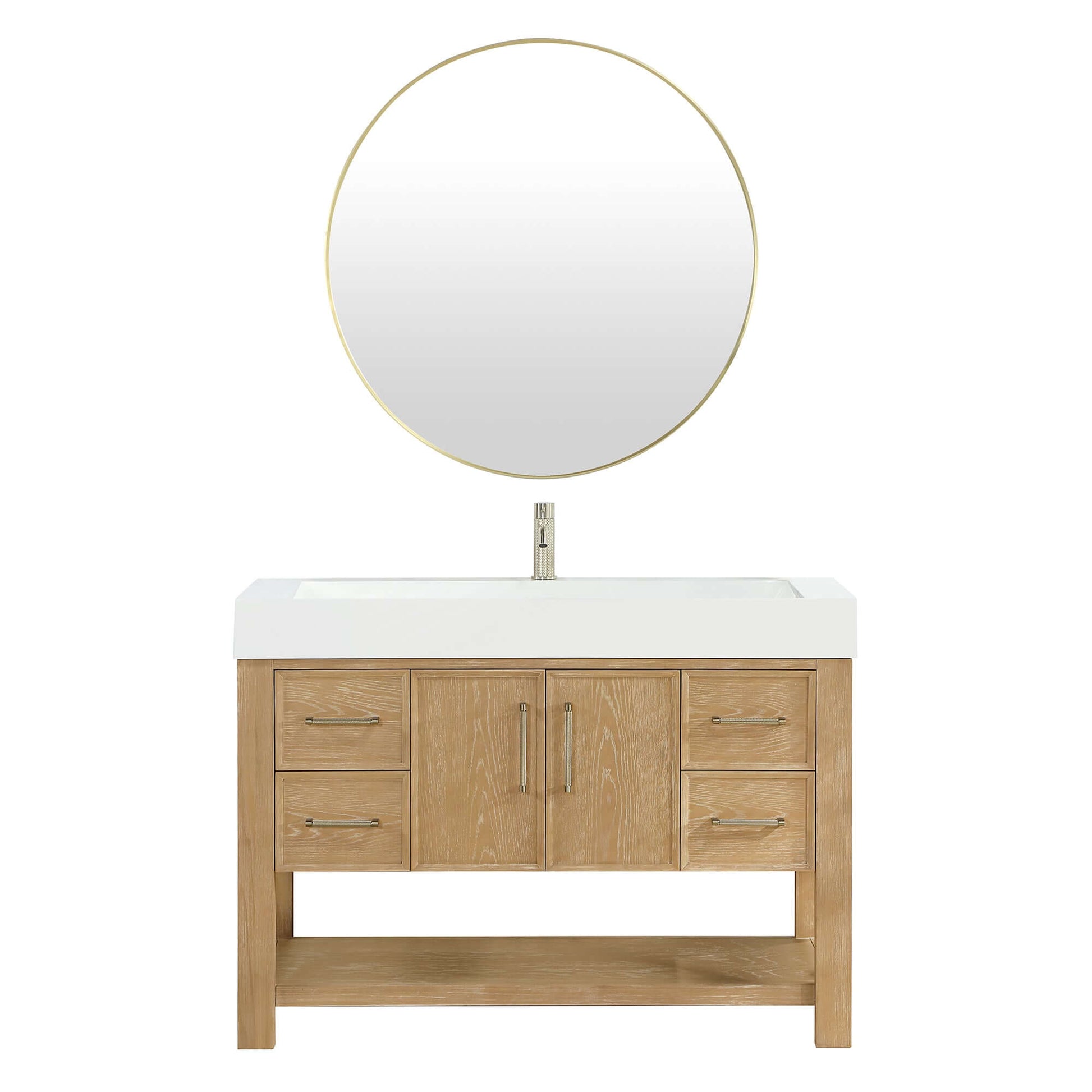Vinnova Vera 48-inch free-standing single bathroom vanity in washed ash grey with white integrated stone sink top and mirror