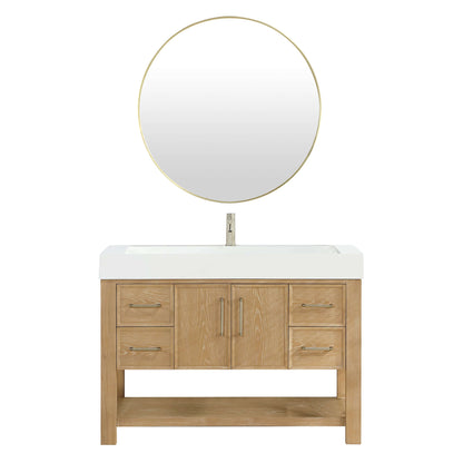 Vinnova Vera 48-inch free-standing single bathroom vanity in washed ash grey with white integrated stone sink top and mirror