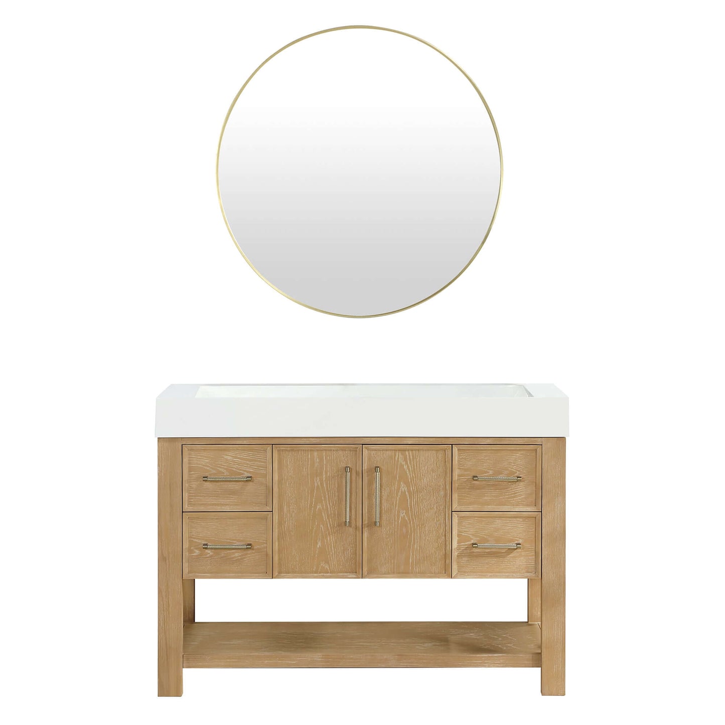 Vinnova Vera 48-inch free-standing single bathroom vanity in washed ash grey with white integrated stone sink top and mirror