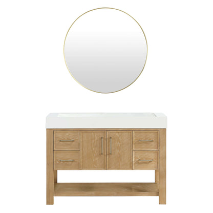 Vinnova Vera 48-inch free-standing single bathroom vanity in washed ash grey with white integrated stone sink top and mirror