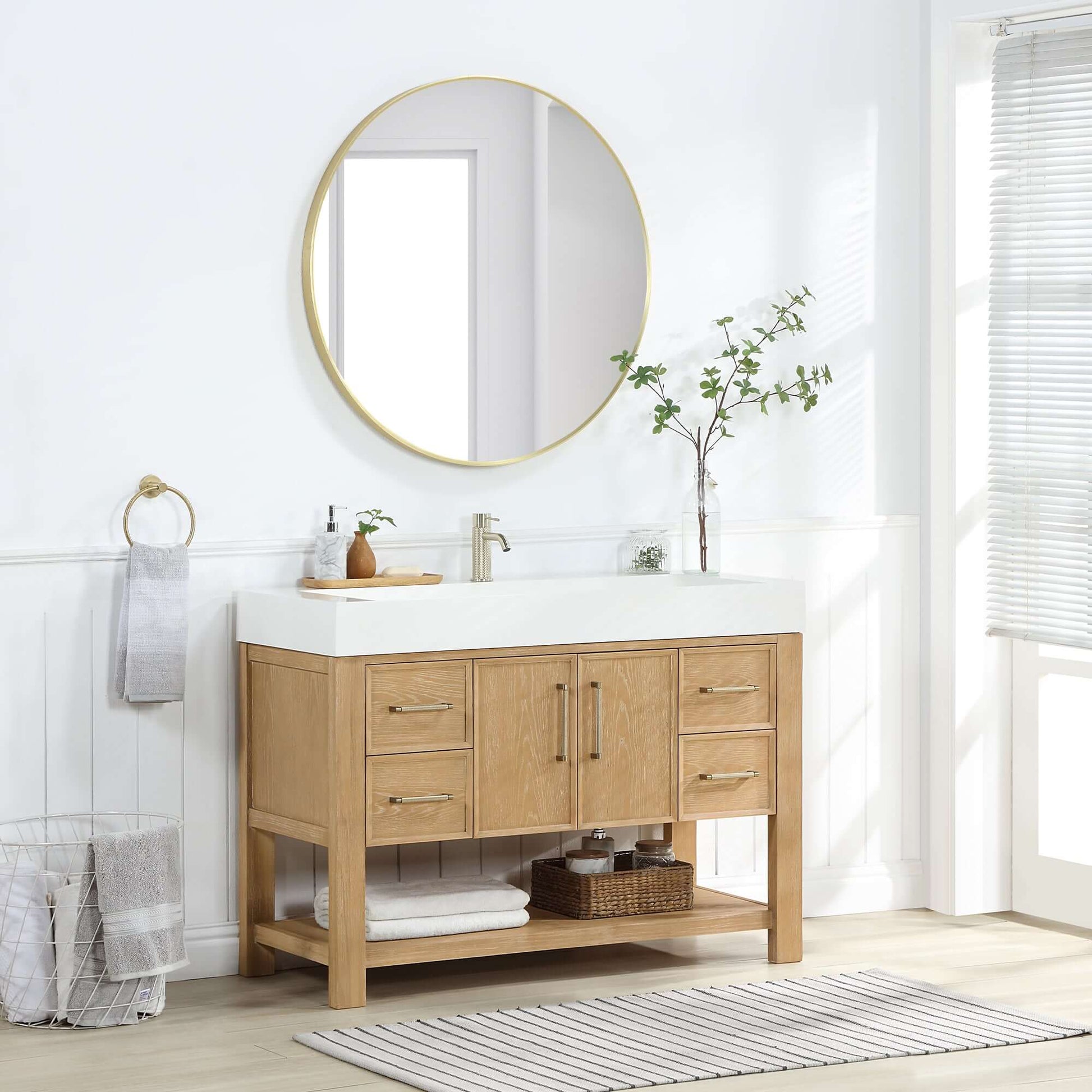 Vinnova Vera 48-inch free-standing single bathroom vanity in washed ash grey with white integrated stone sink top and mirror