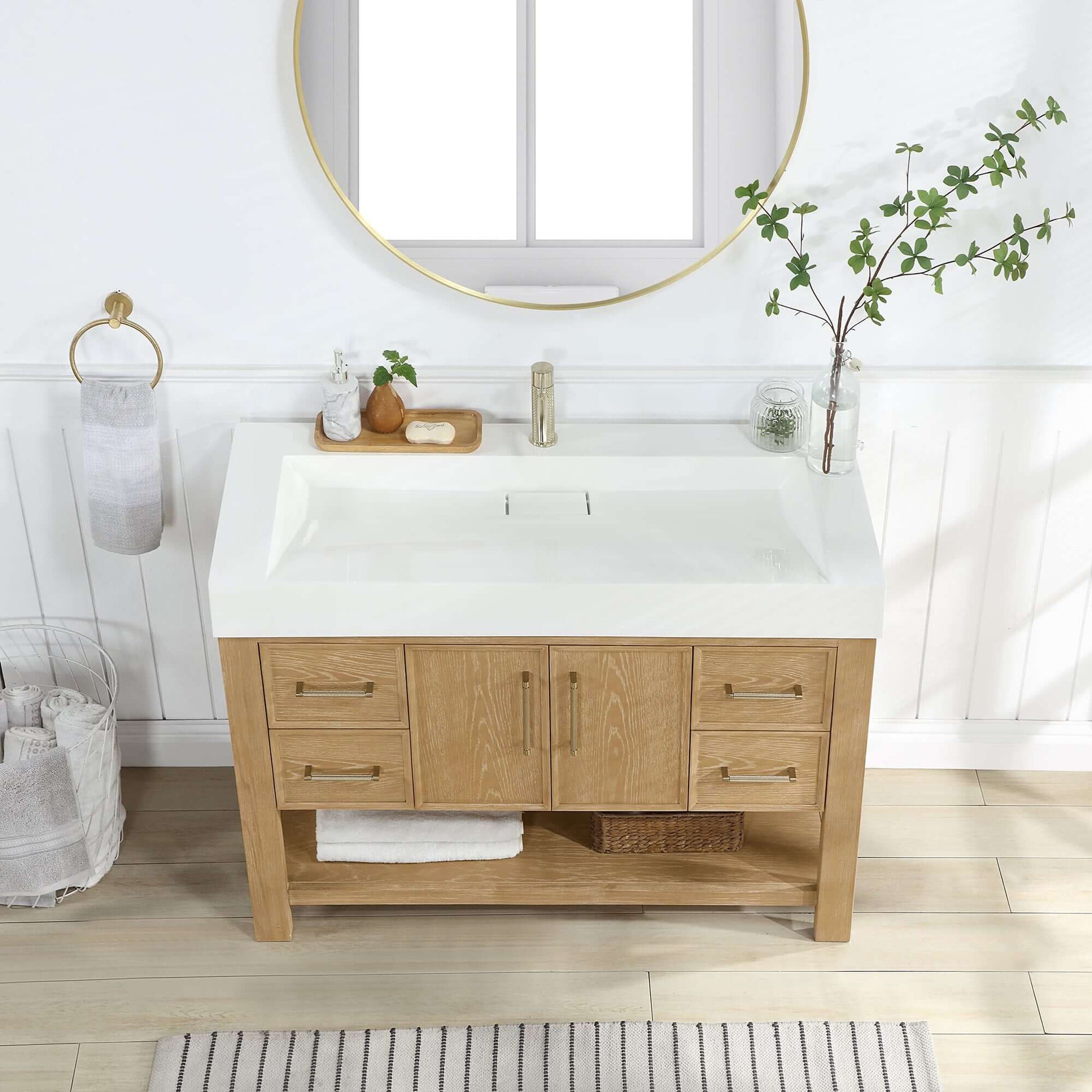 Vinnova Vera 48-inch free-standing single bathroom vanity in washed ash grey with white integrated stone sink top and mirror