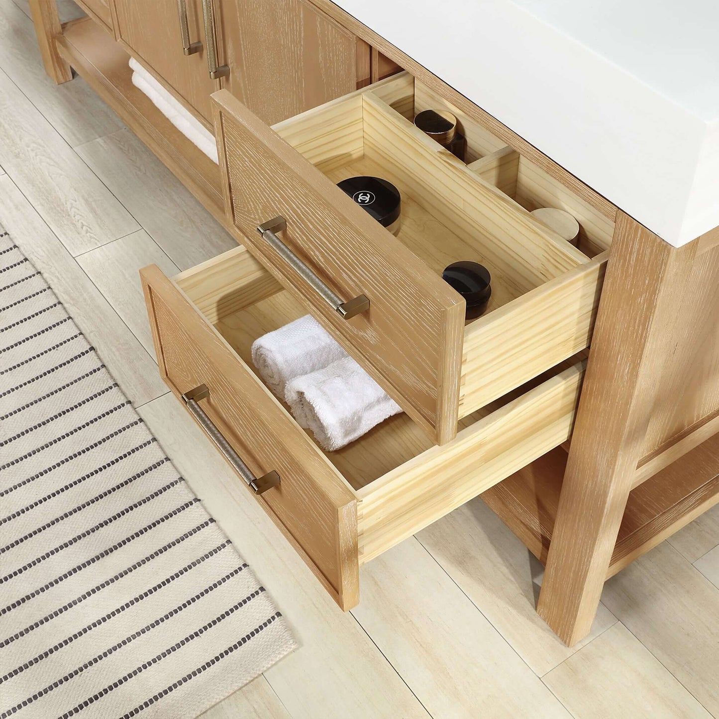 Vinnova Vera 60-inch free-standing single bathroom vanity in washed ash grey with white integrated stone sink top