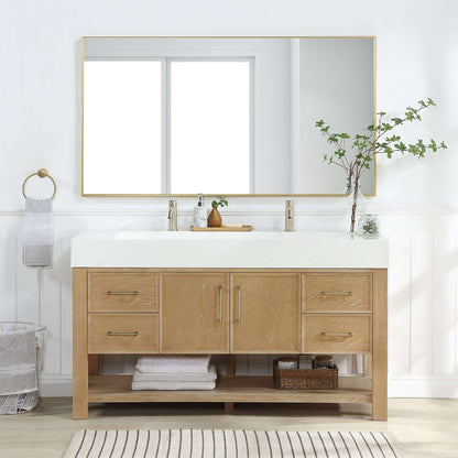 Vinnova Vera 60-inch free-standing single bathroom vanity in washed ash grey with white integrated stone sink top and mirror
