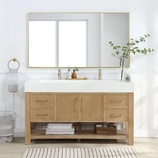 Vinnova Vera 60-inch free-standing single bathroom vanity in washed ash grey with white integrated stone sink top and mirror