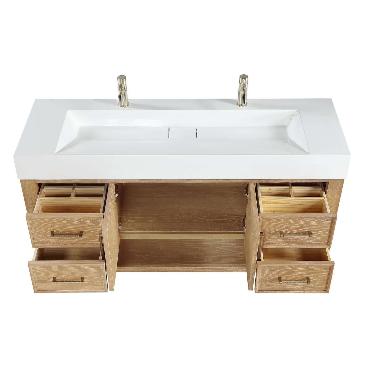 Vinnova Vera 60-inch free-standing single bathroom vanity in washed ash grey with white integrated stone sink top and mirror
